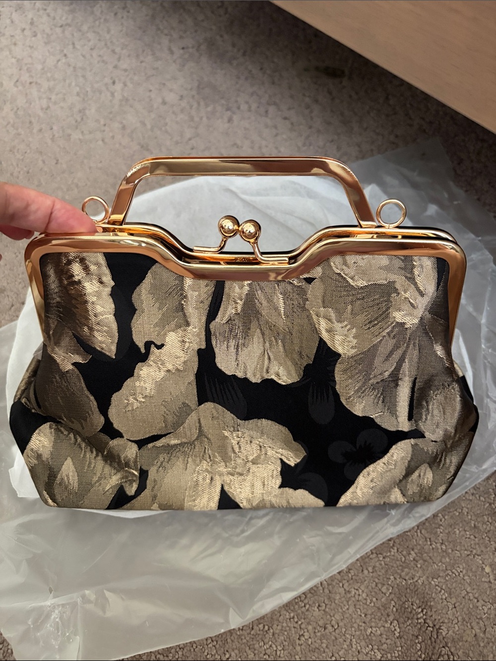 Nib::: Gold Floral Frame Clutch Bag - Black & Gold- crossbody chain
